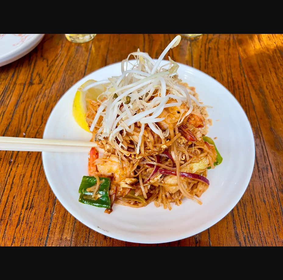 Authentic Pad Thai with fresh bean sprouts and shrimp